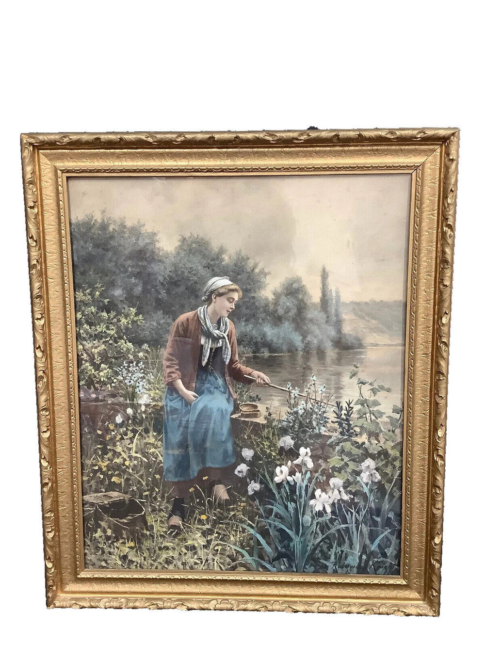 Vintage lithograph print  painting "Fishing on a Spring Day"